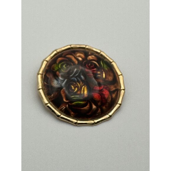 Vintage Round Floral Brooch With Hand-Painted Roses Gold-Tone Frame C Clasp Red - Picture 2 of 5